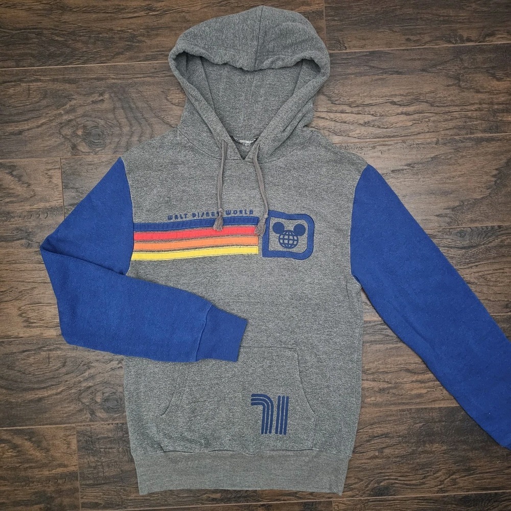 Disney World Parks Hoodie Sweater Mens Gray Rainbow Stripes Fits Like Small